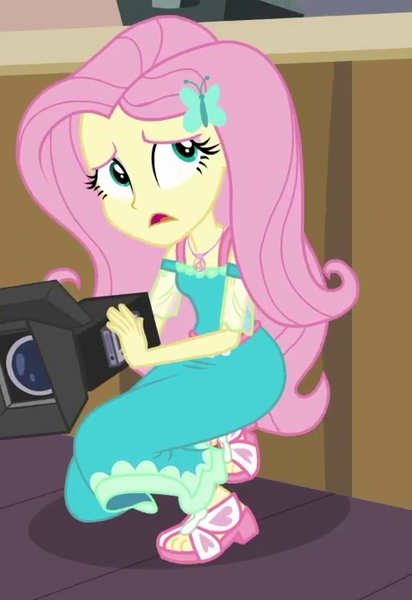 Size: 494x720 | Tagged: safe, derpibooru import, screencap, fluttershy, equestria girls, equestria girls series, outtakes (episode), camera, clothes, cropped, dress, feet, geode of fauna, sandals, solo
