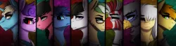 Size: 3965x1045 | Tagged: safe, artist:dino_horse, deleted from derpibooru, derpibooru import, oc, oc:enigma, oc:fuzzy wuzzy, oc:jade, oc:midnight, oc:octavian, oc:pillow fort, oc:pipe dream, oc:prince, oc:scout's honor, oc:technical circuits, unofficial characters only, earth pony, gryphon, pegasus, pony, unicorn, zebra, fallout equestria, armor, bust, clothes, dragon ball super, glasses, group, hair over one eye, line-up, serious, tournament of power, vault suit