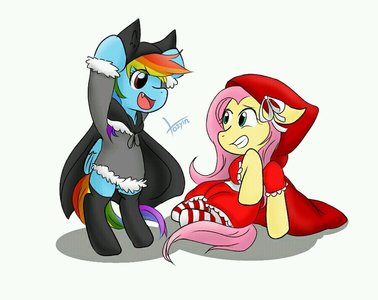 Size: 900x715 | Tagged: safe, artist:lazyin26, derpibooru import, fluttershy, rainbow dash, pegasus, pony, animal costume, clothes, costume, duo, female, mare, red riding hood, scared, simple background, white background, wolf costume
