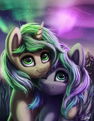 Size: 3500x4500 | Tagged: safe, artist:syntaxartz, derpibooru import, oc, oc:first edition, oc:silverstar, unofficial characters only, pegasus, pony, unicorn, aurora borealis, bust, duo, female, mare, night, night sky, portrait, shooting star, sky, smiling, starry night