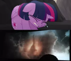 Size: 880x752 | Tagged: alicorn, brachiosaurus, crying, death, derpibooru import, edit, edited screencap, feels, jurassic world, jurassic world: fallen kingdom, my little pony: the movie, sad, safe, screencap, spoiler:jurassic world fallen kingdom, spoilers for another series, twilight sparkle, twilight sparkle (alicorn)