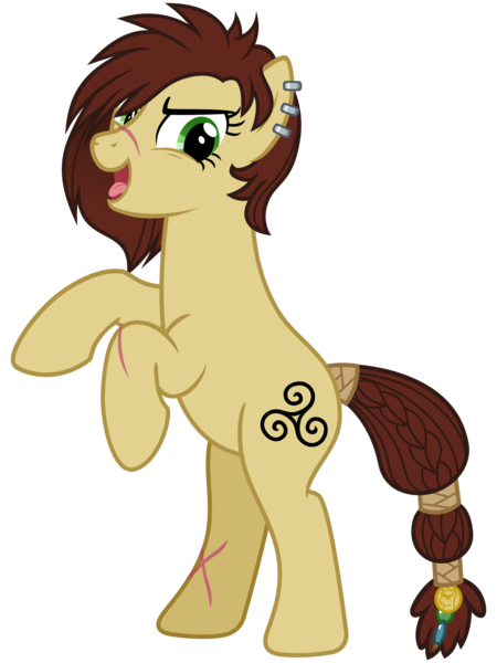Size: 2400x3200 | Tagged: safe, artist:cheezedoodle96, derpibooru import, idw, steela oresdotter, earth pony, pony, legends of magic, spoiler:comiclom2, .svg available, braid, braided tail, coin, ear piercing, earring, female, hair over one eye, idw showified, jewelry, looking at you, mare, messy mane, mighty helm, open mouth, piercing, rearing, scar, simple background, solo, svg, tail wrap, tongue out, transparent background, triskelion, vector
