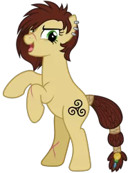 Size: 2400x3200 | Tagged: safe, artist:cheezedoodle96, derpibooru import, idw, steela oresdotter, earth pony, pony, legends of magic, spoiler:comiclom2, .svg available, braid, braided tail, coin, ear piercing, earring, female, hair over one eye, idw showified, jewelry, looking at you, mare, messy mane, mighty helm, open mouth, piercing, rearing, scar, simple background, solo, svg, tail wrap, tongue out, transparent background, triskelion, vector