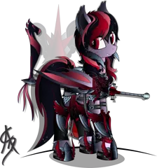 Size: 1600x1716 | Tagged: safe, artist:aleriastarlight, derpibooru import, oc, oc:stella sanguina, unofficial characters only, bat pony, pony, armor, badass, bat pony oc, boots, clothes, collar, cute, cute little fangs, cutie mark background, dark phoenix, digital art, dungeons and dragons, epic, fangs, fantasy class, female, jewelry, knight, leg strap, leggings, lidded eyes, mare, necklace, paladin, shoes, signature, simple background, solo, style emulation, sword, transparent background, vector, warrior, weapon, wingding eyes, wings