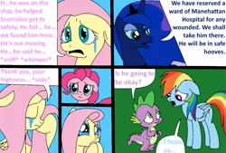 Size: 1001x678 | Tagged: artist:didgereethebrony, comic:wreck of the renaissance, crying, derpibooru import, fluttershy, pinkie pie, princess luna, rainbow dash, safe, spike, tears of pain