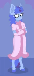 Size: 1717x3754 | Tagged: safe, artist:paskanaakka, derpibooru import, oc, oc:midnight dew, unofficial characters only, anthro, unguligrade anthro, unicorn, bathrobe, clothes, colored hooves, crossed arms, ear fluff, robe, solo, unshorn fetlocks