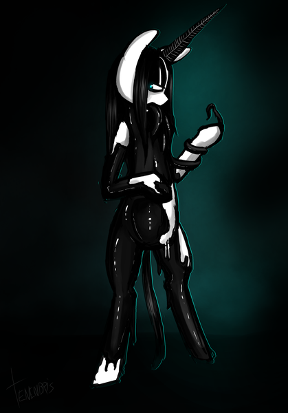 Size: 2656x3800 | Tagged: questionable, artist:tenenbris, derpibooru import, oc, oc:culpa, unofficial characters only, unicorn, bipedal, female, latex, latex suit, signature, solo, tentacles