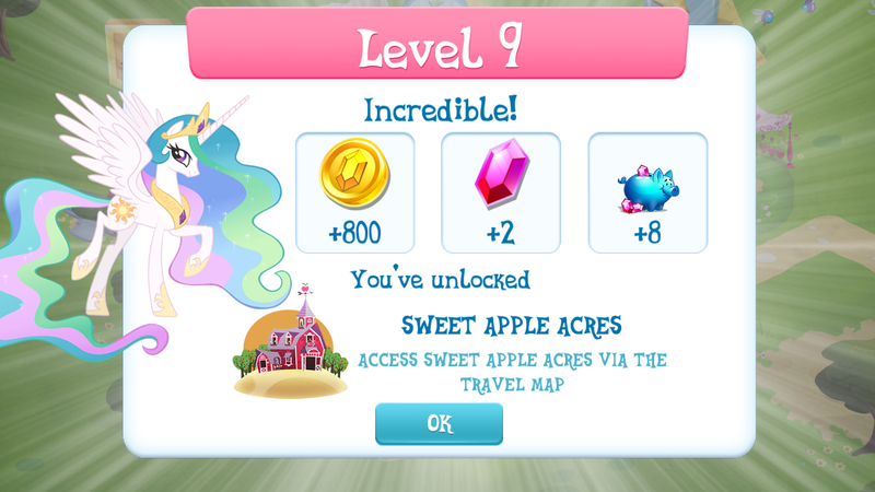 Size: 1280x720 | Tagged: safe, derpibooru import, princess celestia, alicorn, pony, coin, ethereal mane, female, game screencap, gameloft, gem, level up, mare, piggy bank, solo