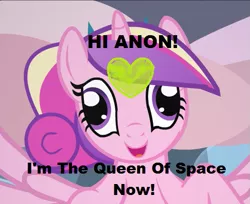 Size: 525x429 | Tagged: safe, artist:tiarawhy, derpibooru import, edit, princess cadance, ponified, pony, 1000 hours in ms paint, 4chan, cadenceflash, caption, exploitable meme, female, hi anon, i have no idea what i'm doing, image macro, king of space, mare, meme, old meme, show accurate, text