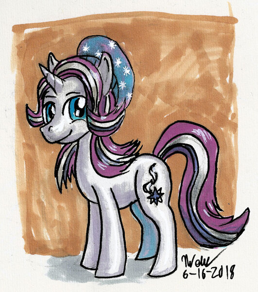 Size: 800x904 | Tagged: safe, artist:blademanunitpi, derpibooru import, starlight glimmer, pony, unicorn, beanie, hat, smiling, solo, traditional art