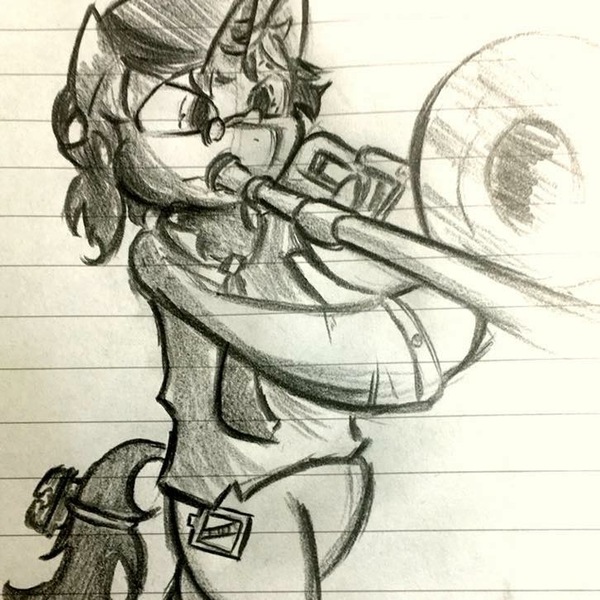 Size: 726x726 | Tagged: artist:mr.candy_owo, derpibooru import, lined paper, oc, oc:schwarz, safe, solo, traditional art, trombone, unofficial characters only