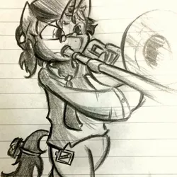 Size: 726x726 | Tagged: artist:mr.candy_owo, derpibooru import, lined paper, oc, oc:schwarz, safe, solo, traditional art, trombone, unofficial characters only
