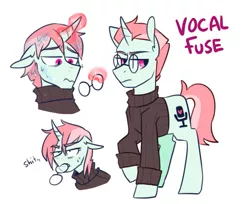 Size: 663x540 | Tagged: safe, artist:redxbacon, derpibooru import, oc, oc:vocal fuse, pony, unicorn, annoyed, clothes, curved horn, female, floppy ears, frown, glare, glasses, glasses off, horn, levitation, lidded eyes, magic, masculine, masculine mare, mouth hold, no catchlights, reverse trap, sad, shirt, simple background, solo, sweat, sweatdrop, sweater, telekinesis, turtleneck, unamused, vulgar, wavy mouth, wet, white background