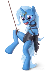 Size: 828x1200 | Tagged: suggestive, artist:vyazinrei, derpibooru import, trixie, pony, semi-anthro, unicorn, arm behind back, armbinder, ballgag, bondage, collar, female, femsub, gag, horn ring, magic suppression, mare, raised leg, rope, simple background, solo, submissive, the weak and powerless trixie, transparent background