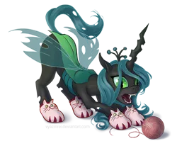 Size: 1240x987 | Tagged: artist:vyazinrei, behaving like a cat, catling, changeling, clothes, derpibooru import, female, queen chrysalis, safe, simple background, slippers, solo, transparent background, yarn, yarn ball