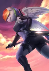 Size: 4470x6414 | Tagged: abs, absurd resolution, anthro, armpits, artist:audrarius, breasts, clothes, cloud, dagger, derpibooru import, dock, female, fingerless gloves, gloves, holster, looking at you, midriff, muscles, pegasus, rainbow dash, sky, smiling, solo, solo female, spread wings, suggestive, sun, sword, weapon, wings