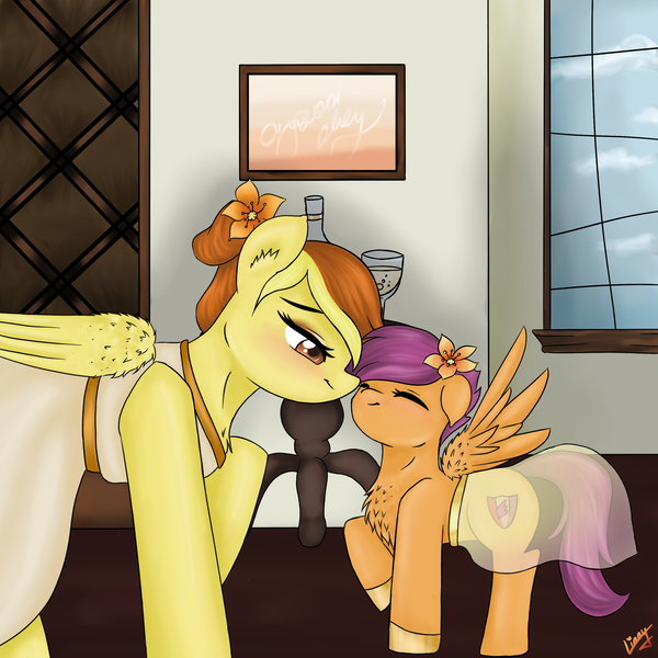 Size: 2830x2830 | Tagged: artist:vinviasshine, bride, clothes, cutie mark, derpibooru import, detailed background, dress, female, flower, flower girl, flower in hair, male, marriage, mother and daughter, nuzzling, safe, scootaloo, shipping, soarinfire, spitfire, straight, wedding, wedding dress