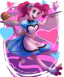 Size: 3000x3600 | Tagged: safe, artist:the-acolyte-artist, derpibooru import, pinkie pie, coinky-dink world, eqg summertime shorts, equestria girls, burger, cartoony, clothes, cute, diapinkes, dress, female, food, french fries, hamburger, happy, heart, milkshake, plate, roller skates, server pinkie pie, shake, smiling, solo