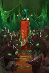 Size: 2097x3121 | Tagged: safe, artist:audrarius, derpibooru import, queen chrysalis, anthro, changeling, changeling queen, unguligrade anthro, angry, armor, bare shoulders, bipedal, breasts, busty queen chrysalis, clothes, fangs, female, glowing eyes, helmet, japanese, katana, kimono (clothing), looking at you, open mouth, samurai, smiling, smirk, sword, weapon