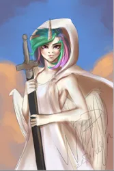 Size: 602x901 | Tagged: anthro, artist:zefirayn, clothes, derpibooru import, digital art, female, horn, looking at you, mare, princess celestia, safe, signature, solo, sword, vexel, weapon, wings, wip