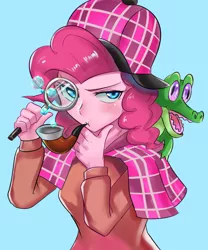 Size: 800x960 | Tagged: safe, artist:tzc, derpibooru import, gummy, pinkie pie, alligator, equestria girls, mmmystery on the friendship express, secrets and pies, blue background, clothes, deerstalker, detective, hat, looking at you, magnifying glass, pet, pipe, sherlock holmes, simple background, solo