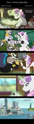 Size: 468x1703 | Tagged: safe, artist:anormaladn, derpibooru import, discord, sweetie belle, zecora, draconequus, pony, unicorn, zebra, comic:from child to godmother, book, comic, magic, older, spear, statue of liberty, telekinesis, weapon