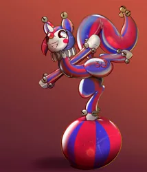 Size: 2304x2688 | Tagged: safe, artist:helixjack, derpibooru import, oc, oc:mew, unofficial characters only, pony, unicorn, balancing, clothes, clown, clown nose, cute, gradient background, hat, horn, jester, latex, latex suit, red nose, ruff (clothing), smiling, unicorn oc