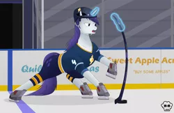 Size: 3000x1941 | Tagged: safe, artist:mighty-muffins, derpibooru import, rarity, pony, unicorn, aura, clothes, female, glass, helmet, hockey, hockey helmet, hockey puck, hockey stick, ice, ice hockey, logo, magic, shading, signs, skates, solo, sports, stadium, uniform