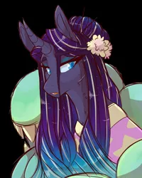 Size: 1600x2000 | Tagged: safe, artist:canisrettmajoris, derpibooru import, oc, oc:bijou, unofficial characters only, changepony, hybrid, pony, worm, clothes, curved horn, digital art, dress, duo, eyeshadow, female, flower, flower in hair, gradient mane, image, interspecies offspring, jpeg, lidded eyes, magical lesbian spawn, makeup, mare, next generation, offspring, parent:nightmare rarity, parent:queen chrysalis, pet, tongue out