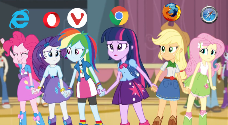 Size: 1142x625 | Tagged: safe, derpibooru import, edit, edited screencap, screencap, applejack, fluttershy, mystery mint, pinkie pie, rainbow dash, rarity, twilight sparkle, twilight sparkle (alicorn), wiz kid, alicorn, equestria girls, rainbow rocks, firefox, google chrome, holding hands, humane five, humane six, internet explorer, meme, opera (browser), safari (browser), vivaldi