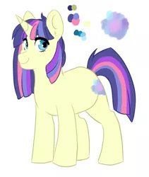 Size: 1600x1900 | Tagged: safe, artist:canisrettmajoris, derpibooru import, oc, oc:starlight nebula, unofficial characters only, pony, unicorn, digital art, female, mare, multicolored hair, multicolored mane, multicolored tail, next generation, offspring, parent:comet tail, parent:twilight sparkle, parents:cometlight, reference sheet, simple background, smiling, solo, white background