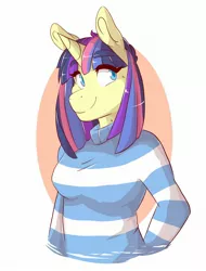 Size: 1600x2100 | Tagged: safe, artist:canisrettmajoris, derpibooru import, oc, oc:starlight nebula, unofficial characters only, anthro, unicorn, anthro oc, clothes, digital art, female, multicolored hair, multicolored mane, next generation, offspring, parent:comet tail, parent:twilight sparkle, parents:cometlight, shirt, simple background, smiling, solo, white background