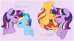 Size: 1801x1019 | Tagged: safe, artist:geekcoffee, derpibooru import, rainbow dash, sunset shimmer, twilight sparkle, twilight sparkle (alicorn), alicorn, pegasus, pony, unicorn, base used, blushing, boop, cute, dashabetes, eyes closed, female, kissing, lesbian, noseboop, rainbow power, shimmerbetes, shipping, simple background, sunsetsparkle, twiabetes, twidash