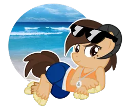 Size: 869x747 | Tagged: safe, artist:mintoria, derpibooru import, oc, oc:leanne, unofficial characters only, earth pony, pony, beach, clothes, female, horns, mare, ocean, simple background, solo, sunglasses, transparent background