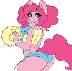 Size: 1011x1008 | Tagged: adorasexy, animated, anthro, artist:tolsticot, ass, balloonbutt, blue eyes, butt shake, cheerleader, clothes, cute, cutie mark, derpibooru import, diapinkes, female, frame by frame, looking at you, pinkie pie, pom pom, sexy, simple background, smiling, socks, solo, solo female, stupid sexy pinkie, suggestive, thigh highs, twerking, white background