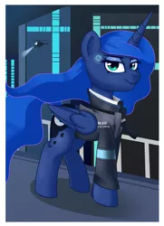 Size: 1535x2126 | Tagged: safe, artist:shadowreindeer, derpibooru import, princess luna, alicorn, android, pony, clothes, connor, cosplay, costume, crossover, detroit: become human, female, folded wings, helicopter, jacket, lidded eyes, looking at you, mare, rk800, solo, wings