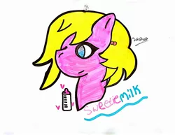 Size: 2664x2060 | Tagged: safe, artist:superdavid2011, derpibooru import, oc, oc:sweetiemilk, pony, blue eyes, bottle, cutie mark, female, heart, looking left, mare, my little pony, pink fur, signature, smiling, solo, traditional art, yellow hair