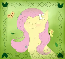 Size: 3871x3507 | Tagged: safe, artist:drutheredpanda, derpibooru import, fluttershy, butterfly, pegasus, pony, blushing, bust, cute, eyes closed, female, happy, mare, portrait, shyabetes, smiling, solo