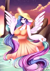 Size: 2480x3508 | Tagged: alicorn, anthro, artist:iblisart, breasts, cleavage, clothes, derpibooru import, digital art, dress, female, glowing horn, mare, princess celestia, signature, smiling, solo, solo female, suggestive