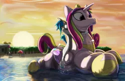 Size: 1280x836 | Tagged: safe, artist:milvusb, derpibooru import, princess cadance, oc, alicorn, earth pony, inflatable pony, pony, beach, deflating, deflation, floating, hissing, inflatable, inflatable toy, male, pool toy, popping, puncture, riding, solo, stallion, summer, sunset, this will end in tears, water