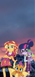 Size: 710x1536 | Tagged: safe, artist:superbobiann, derpibooru import, editor:superbobiann, sci-twi, smolder, spike, spike the regular dog, sunset shimmer, twilight sparkle, dog, equestria girls, 1000 hours in gimp, family, phone wallpaper, wallpaper