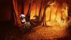 Size: 2000x1147 | Tagged: artist:hagallaz, derpibooru import, fallout, fallout equestria, female, fire, forest, forest fire, mare, oc, oc:appleale, paint, running, safe, solo, unofficial characters only