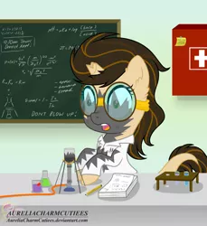 Size: 1736x1893 | Tagged: safe, artist:raspberrystudios, derpibooru import, oc, unofficial characters only, pony, unicorn, broken horn, chalkboard, chibi, clothes, commission, goggles, implied explosion, lab coat, laboratory, pencil, potion, potion making, potions, safety goggles, shocked, shocked expression, solo, test tube