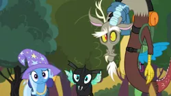 Size: 1280x720 | Tagged: safe, derpibooru import, edit, edited screencap, screencap, discord, thorax, trixie, changeling, draconequus, pony, unicorn, to where and back again, adoracreepy, creepy, cute, diatrixes, discute, female, female pov, implied starlight glimmer, looking at you, male, mare, offscreen character, pony eyes, pony eyes edit, pov, thorabetes, tree, trio