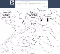 Size: 1980x1797 | Tagged: safe, artist:silfoe, derpibooru import, princess luna, oc, oc:pterus, bat pony, big cat, lion, pony, ursa minor, royal sketchbook, adopted offspring, ask, ball, bat pony oc, black and white, colt, cute, dialogue, female, grayscale, male, mare, monochrome, mother and son, ocbetes, parent:princess luna, parent:twilight sparkle, parents:twiluna, plushie, prone, silfoe is trying to murder us, simple background, sitting, speech bubble, teddy bear, tumblr, ursa plush, white background