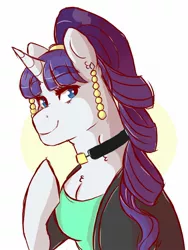 Size: 1200x1600 | Tagged: safe, artist:canisrettmajoris, derpibooru import, rarity, pony, semi-anthro, unicorn, alternate hairstyle, blackpink, clothes, digital art, ear piercing, female, looking at you, mare, one hoof raised, piercing, simple background, smiling, solo, white background