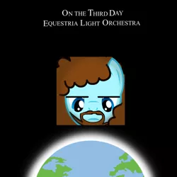 Size: 1400x1400 | Tagged: safe, artist:grapefruitface1, derpibooru import, oc, ponified, ponified:jeff lynne, pegasus, pony, 70s, album cover, black background, curly hair, earth, electric light orchestra, equestria light orchestra, face, glow, jeff lynne, looking down, male, music, parody, planet, ponified album cover, progressive rock, simple background, solo, stallion