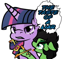 Size: 4970x4602 | Tagged: safe, artist:daku, derpibooru import, twilight sparkle, oc, oc:anonfilly, ponified, pony, absurd resolution, ben-day dots, bust, cmyk dots, dialogue, exploitable, female, filly, floppy ears, jojo's bizarre adventure, licking, lidded eyes, modern art, nervous, open mouth, parody, pop art, portrait, simple background, text, the taste of a liar, tongue out, transparent background, vento aureo