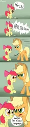 Size: 1650x6989 | Tagged: safe, artist:zaponator, derpibooru import, apple bloom, applejack, earth pony, pony, absurd resolution, comic, dialogue, female, filly, floppy ears, heck, hypocrisy, irony, mare, open mouth, sitting, speech bubble, vulgar