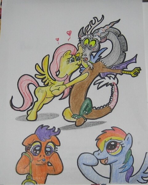 Size: 571x713 | Tagged: safe, artist:hillbe, derpibooru import, discord, fluttershy, rainbow dash, scootaloo, discoshy, female, heart, male, shipping, straight, traditional art